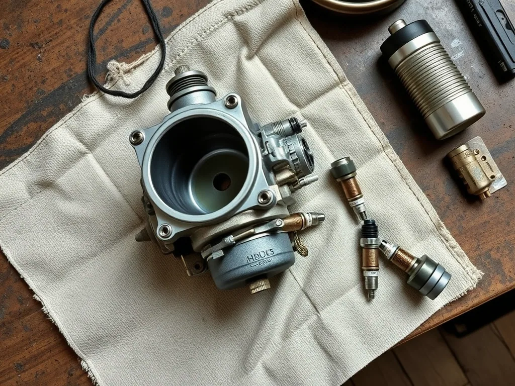 A small engine carburettor taken apart on a cloth on a bench, the float bowl and jets separated, spark plugs laid out beside it.