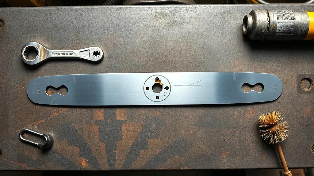 A single mower blade, a long flat steel bar with a slot at each end and a bolt hole through the middle, lying on a worn steel workbench beside a wrench and a wire brush.