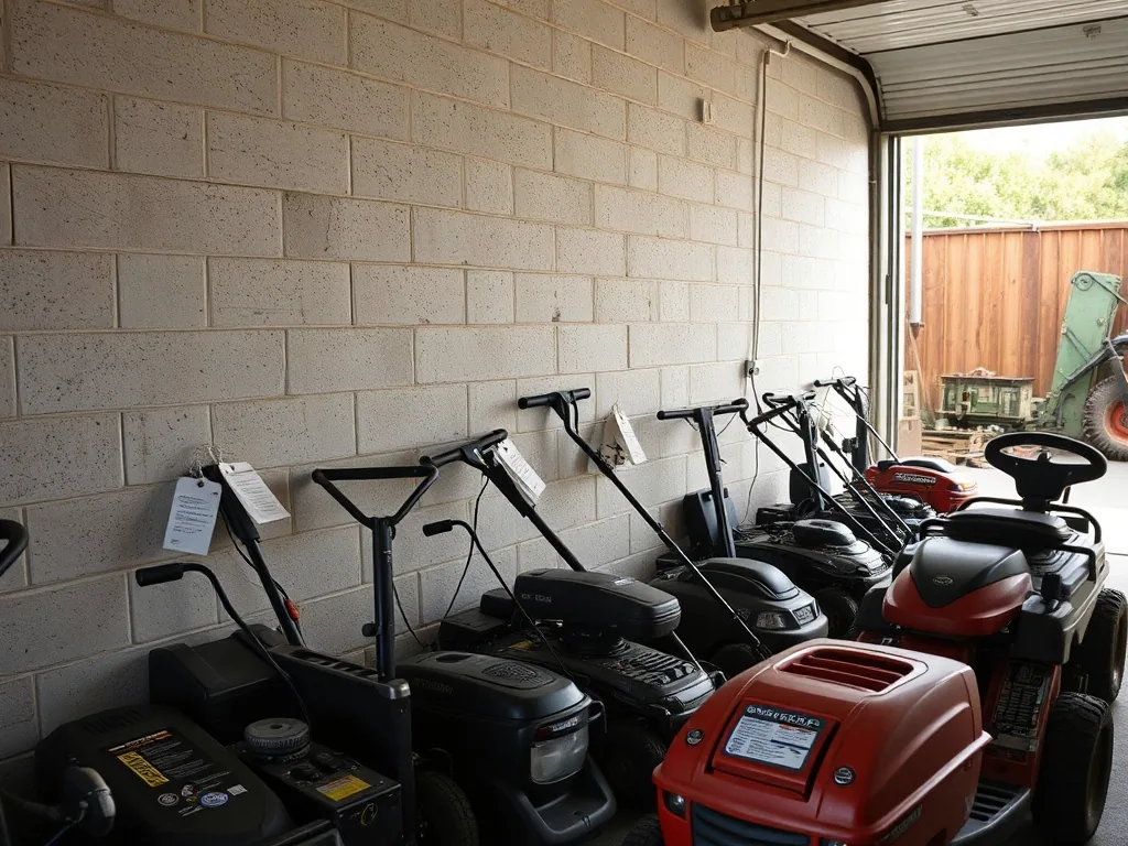 A line of push mowers and a small rider parked along a block shop wall, paper tags tied to their handles, daylight coming in through an open roll up door.