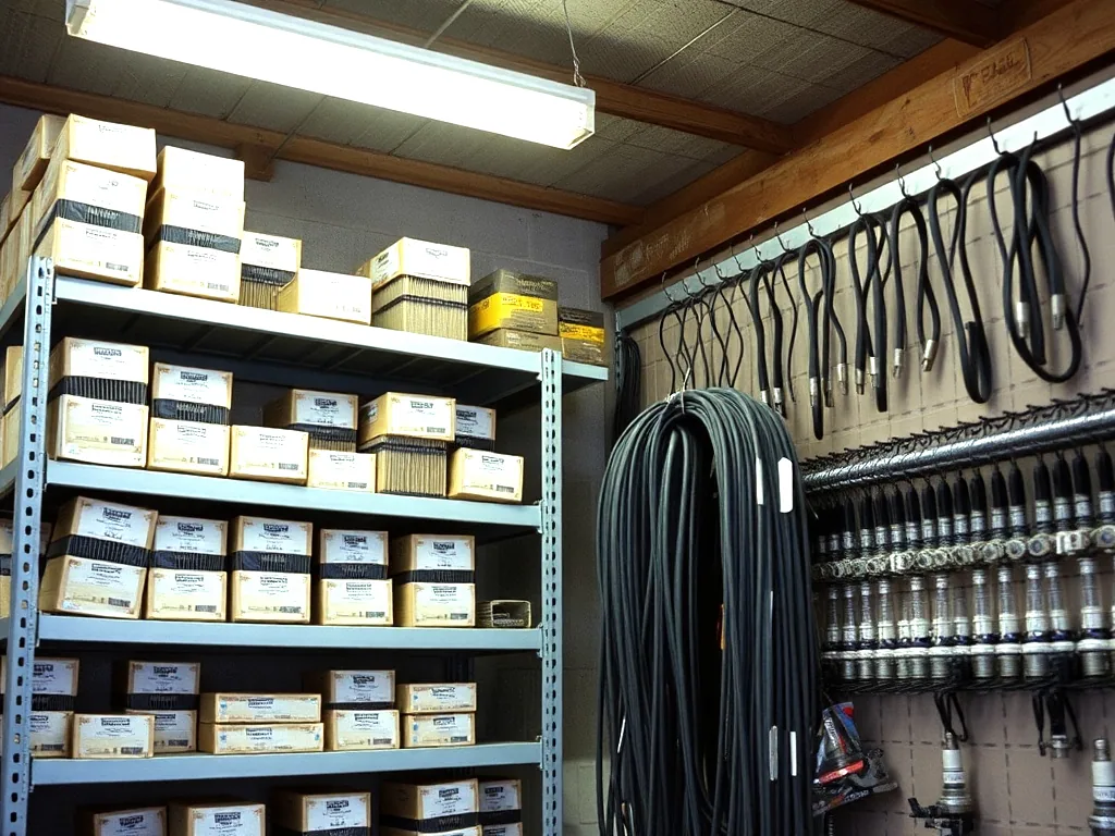 Steel shelving stacked with plain parts boxes, coiled deck belts hanging from hooks on a pegboard wall and rows of spark plugs, under a fluorescent shop light.